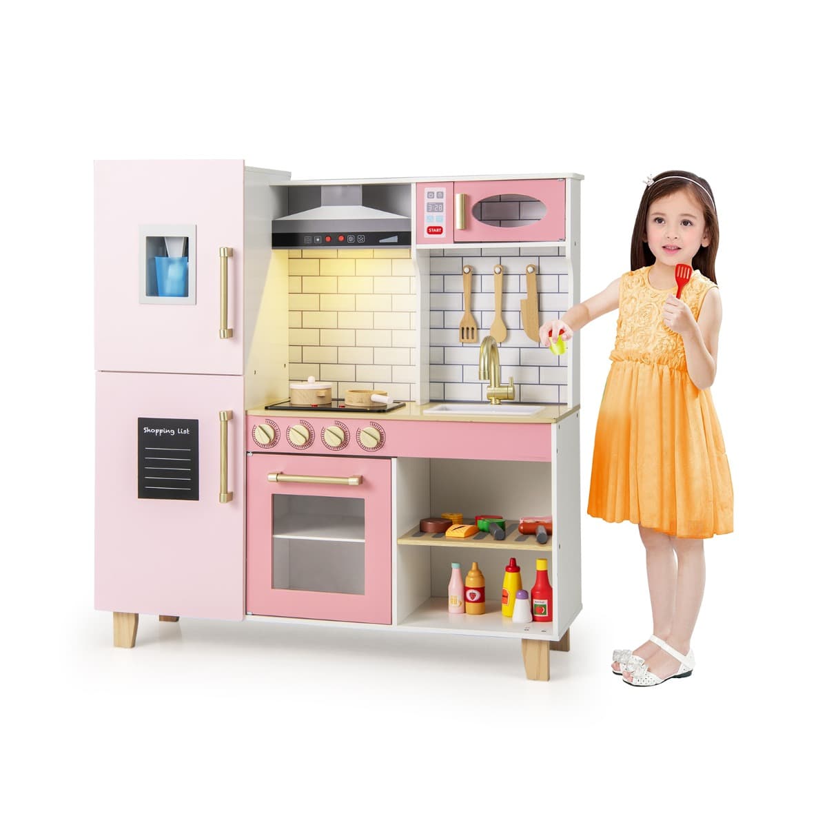 CostwayCuisine pour Enfants en Bois avec Machine à Glaçons Hotte Tableau Noir Barbecue Ustensiles avec Lumières et Sons Cadeau pour les 3+ Ans Rose