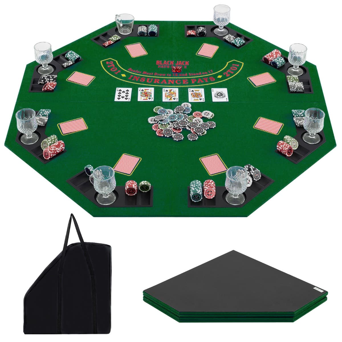 CostwayTable de Poker Pliant 120CM pour 8 Joueurs Plateau de Jeu Portable Texas Hold'em avec Sac de Transport Porte-Gobelets Plateaux à Jetons Vert