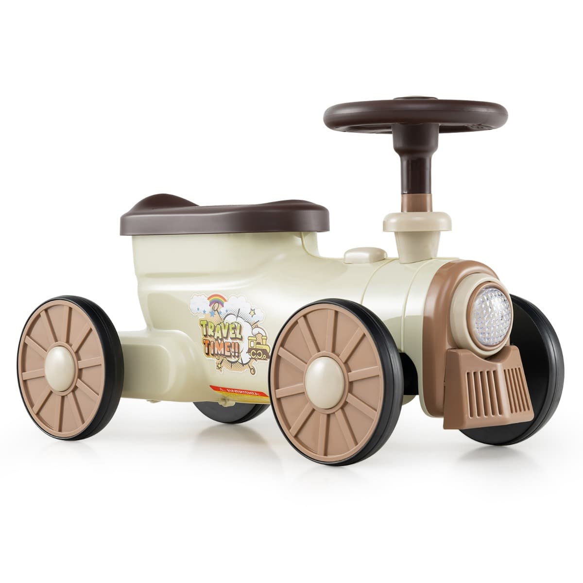 CostwayVoiture à Enfourcher avec Volant Bouton de Sifflet de Train Espace de Rangement sous le Siège Jouet pour 19-36 Mois 61 x 30 x 38 cm Beige