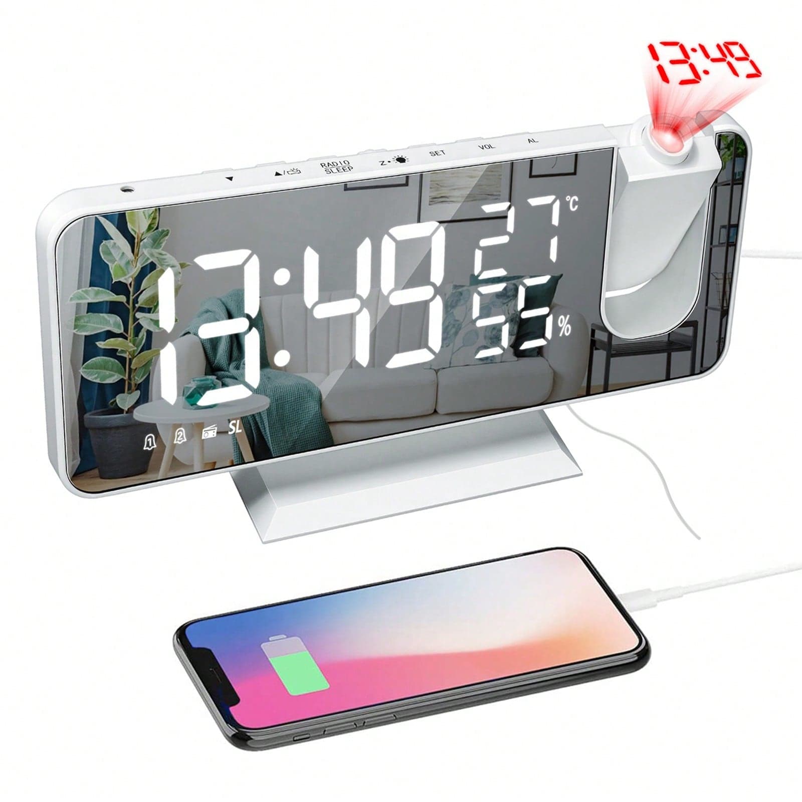 Réveil à projection, réveil numérique LED avec surface miroir, port de chargement USB, fonction snooze, double alarme, radio FM, mode 3D,