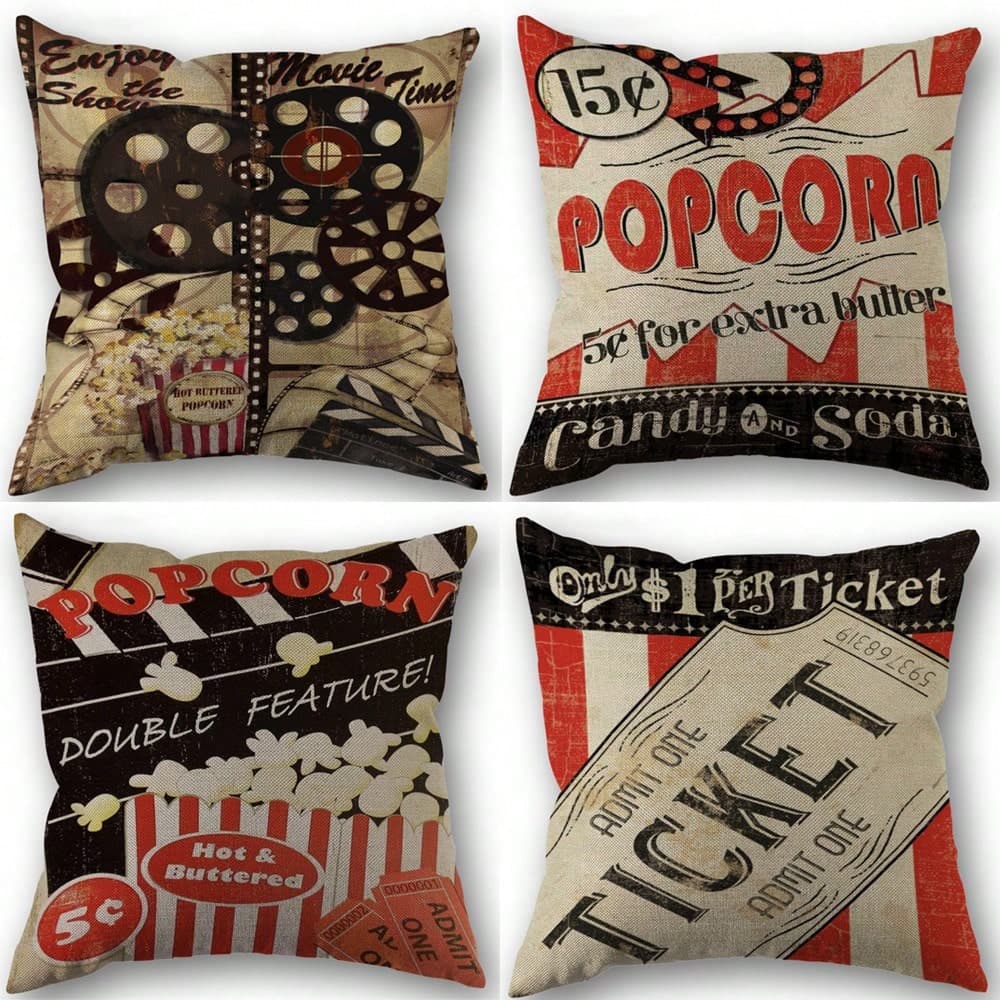 1 pièce Étui d'oreiller à thème de film de pop-corn, motif de billet de clapet de film de projecteur vintage, housse de coussin décorative en lin
