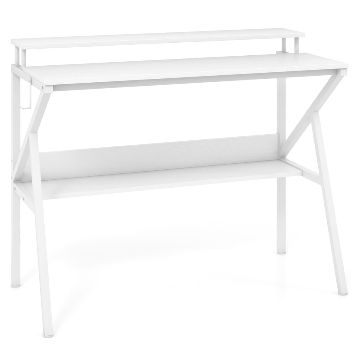 CostwayBureau Compact avec Support pour Moniteur Crochet Suspendu et Étagère de Rangement Bureau d'Écriture Polyvalent avec Cadre Métallique Blanc