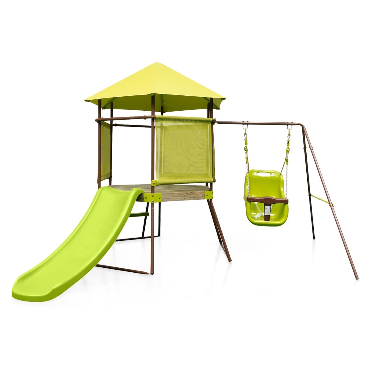 CostwayPortique de Balançoire 4 en 1 pour Enfants Aire de Jeu en Métal avec Cabane Couverte Siège Bébé Réglable en Hauteur Toboggan & Échelle Vert