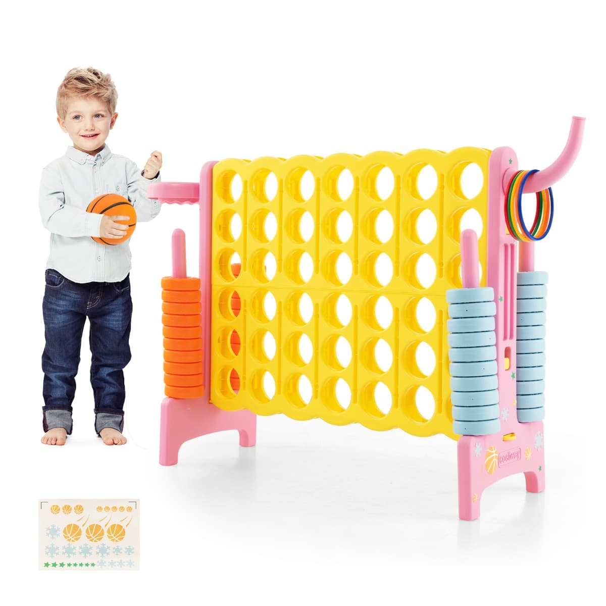 CostwayJeu de Puissance 4 Géant avec Panier de Basket et Lancer D’anneaux 42 Pièces Levier à Dégagement Rapide Jeu Surdimensionné pour Enfants et