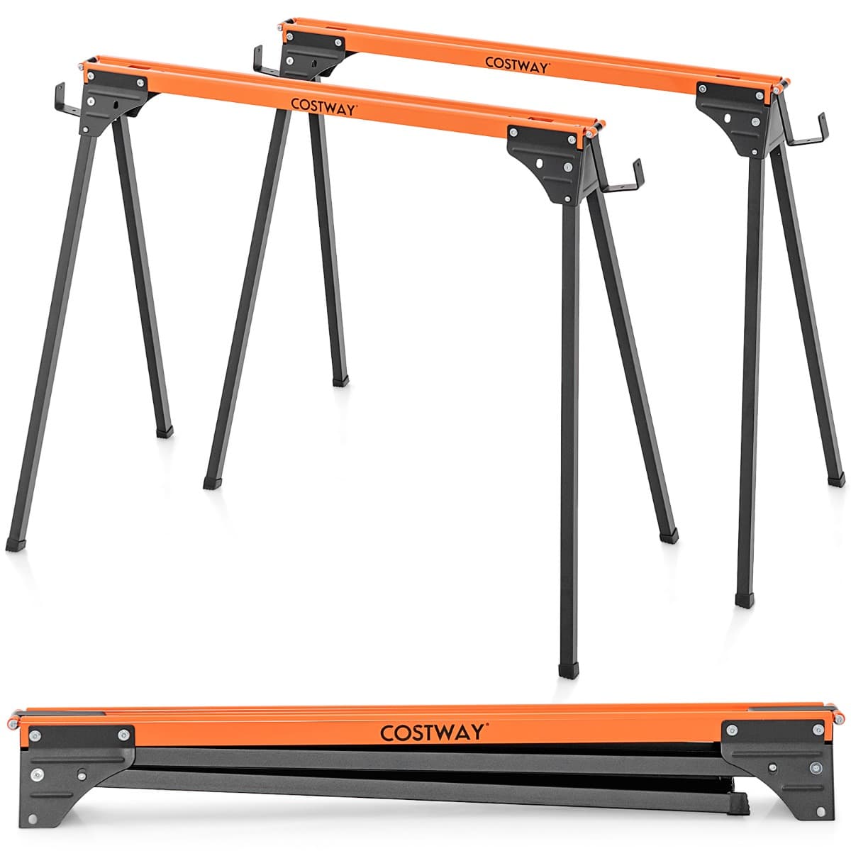 CostwayLot de 2 Tréteaux de Sciage Pliables Métalliques Charge 500 kg Tréteaux avec 2x4 Bras de Support Pieds à Ouverture Rapide 96,5 x 47 x 76 cm